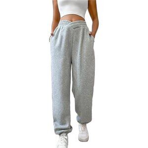 Women's Gray High‎ Waisted Crossover Sweatpants Baggy Athletic Joggers Pants